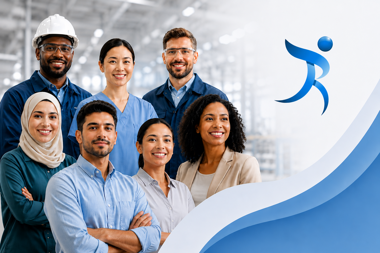 A diverse group of seven smiling industrial workers wearing hard hats and safety glasses, standing together in a warehouse