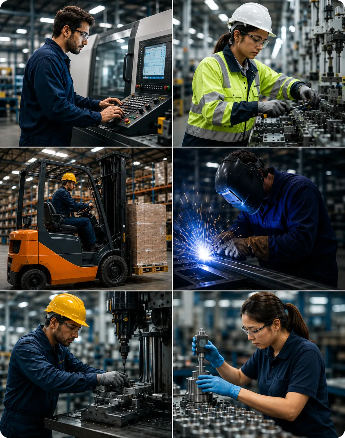 Six manufacturing workers on the job: a machine operator, a technician in a hard hat, a forklift driver, a welder, a driller and a quality inspector