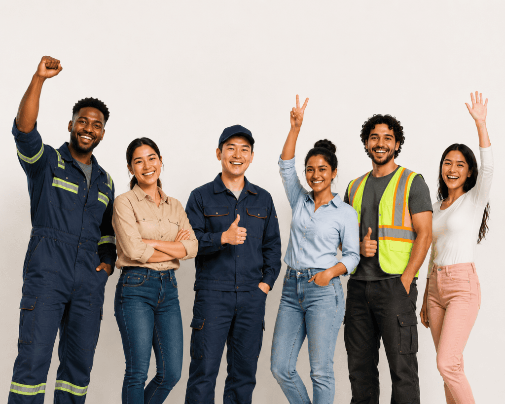 A diverse group of workers in coveralls, high-visibility vests and casual clothing smiling and cheering together