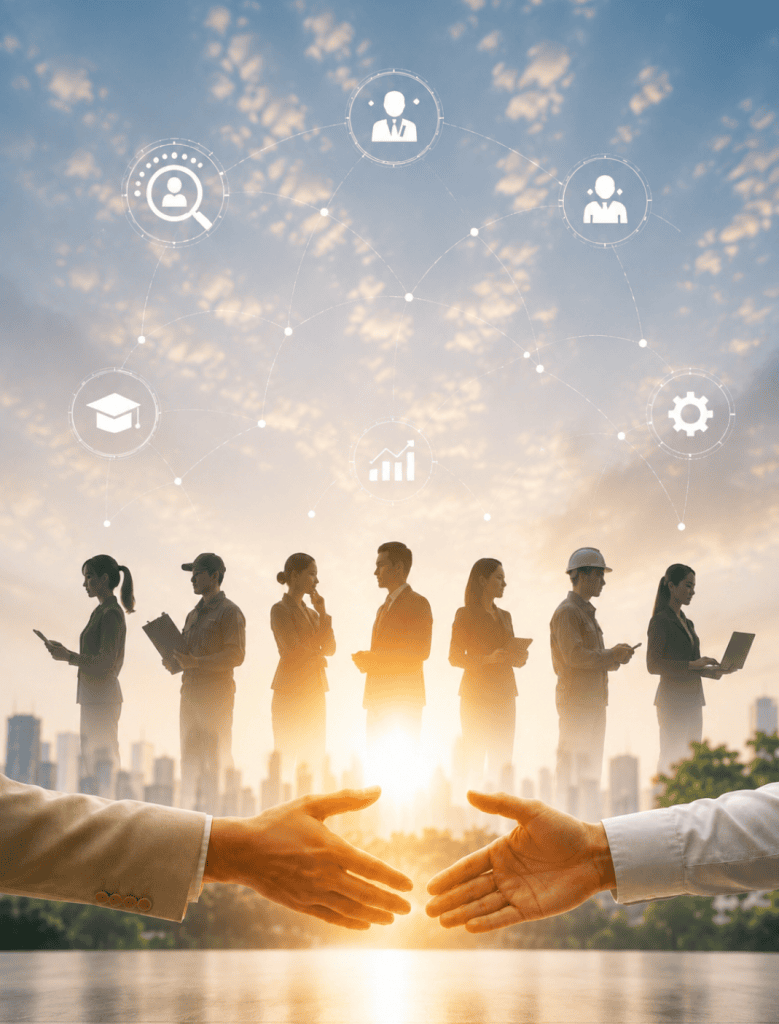 Two people shaking hands at sunrise, with silhouetted business professionals and recruitment icons in the background