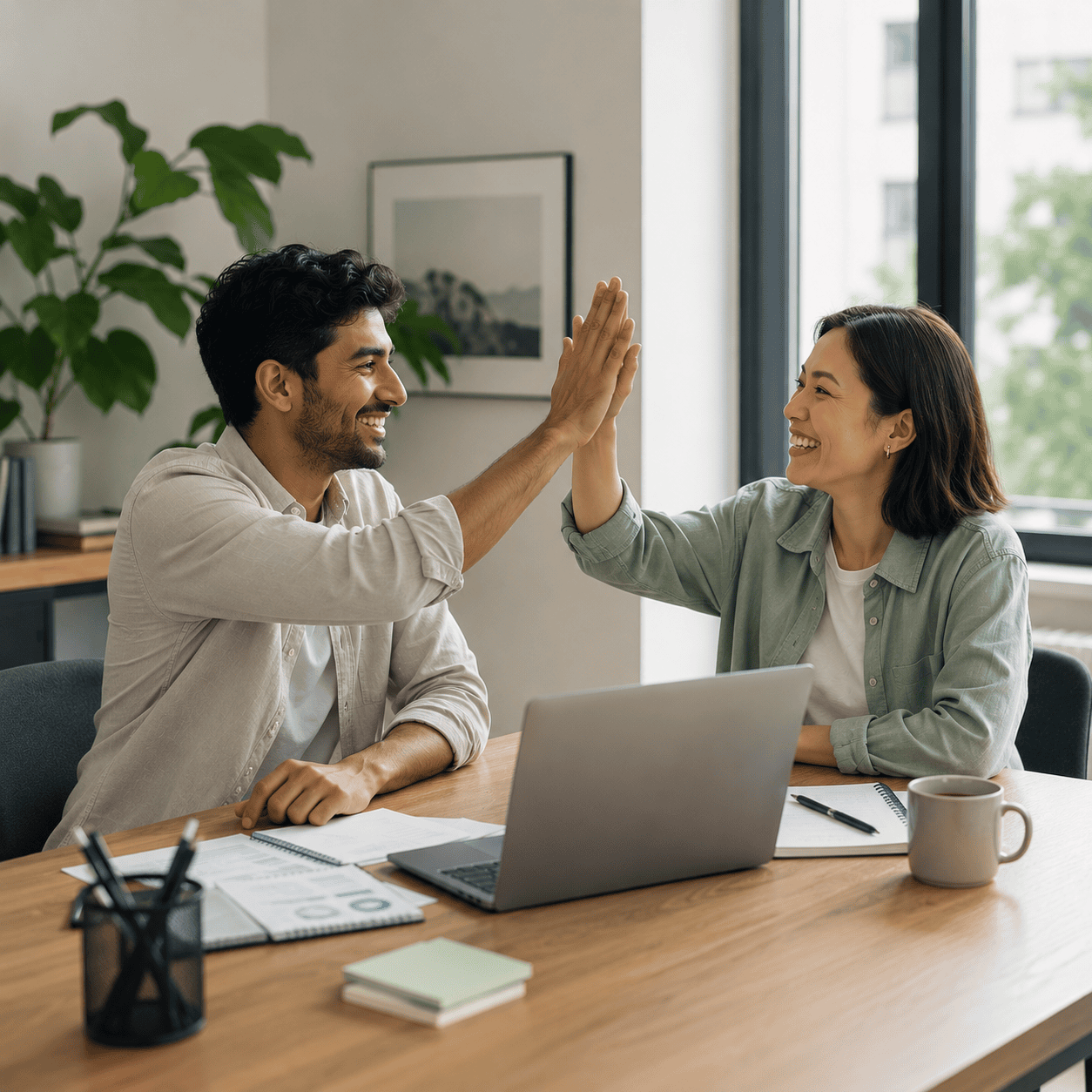 Two colleagues high-fiving across a desk with a laptop and coffee mug in a bright office