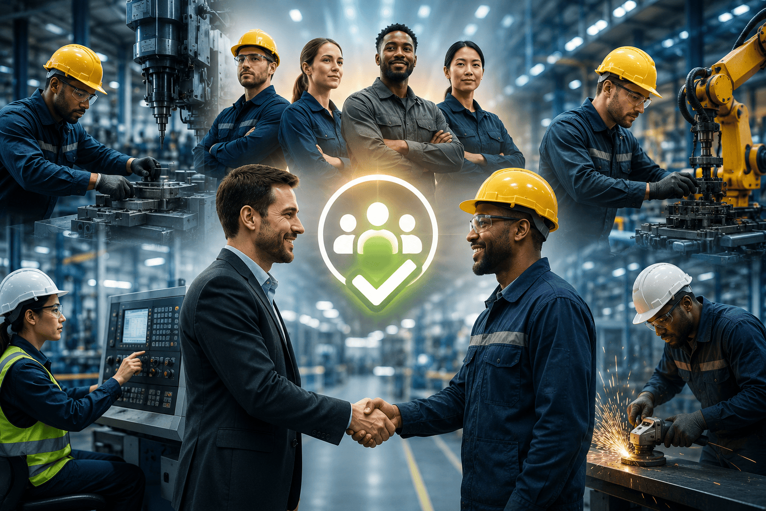 Industrial and office workers alongside a manager shaking hands with a technician, with a verified-candidate icon overlaid