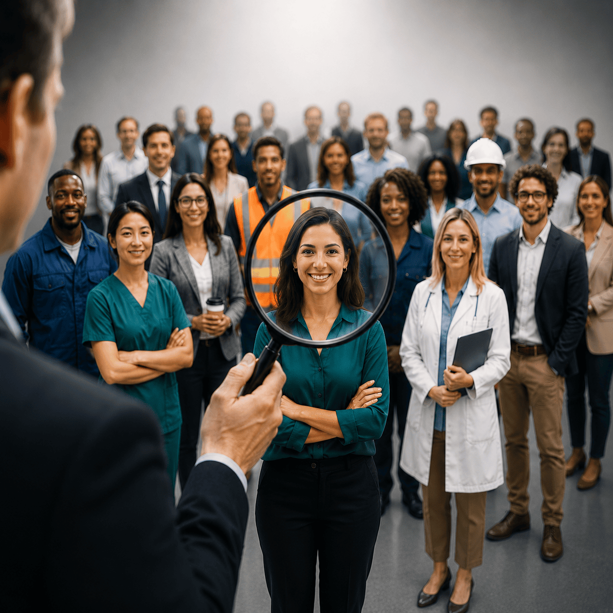 A magnifying glass held over a large group of workers in trades, healthcare and office roles, highlighting one candidate