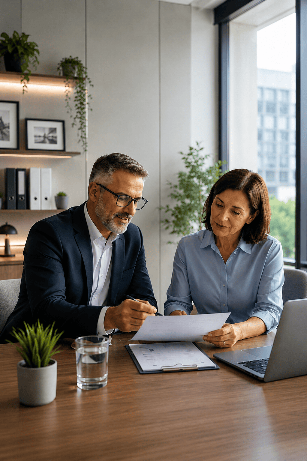 Two consultants in an office reviewing documents together at a desk