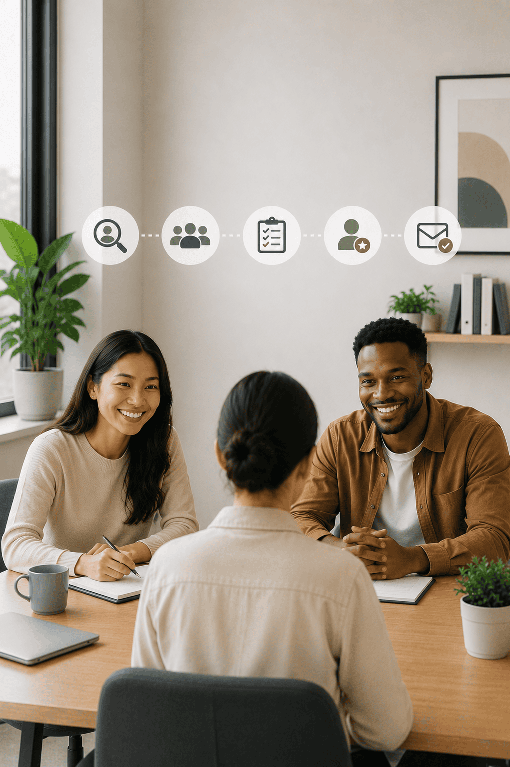 A smiling HR team working together in a bright office, with recruitment process icons above them